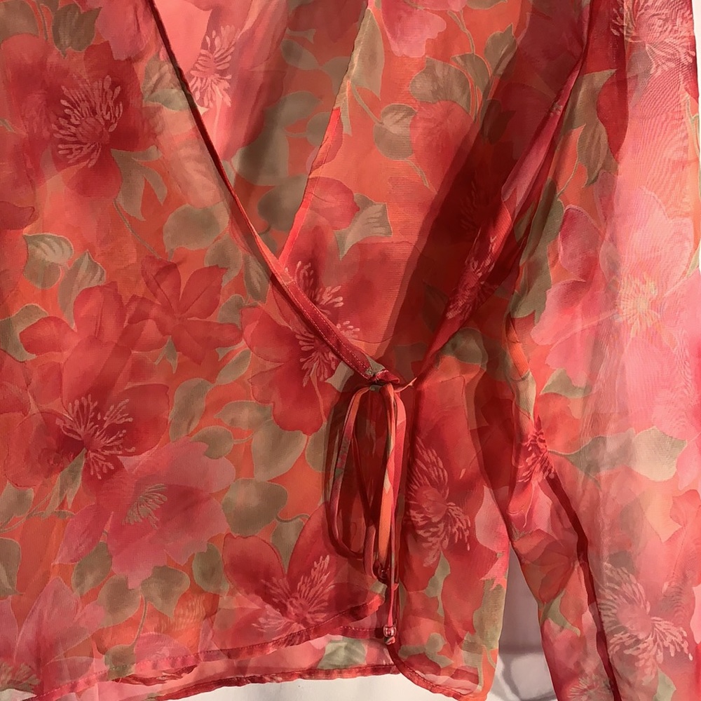 Vtg 90s Sheer Hawaiian Print Blouse Wrap Coverup - Picture 3 of 5